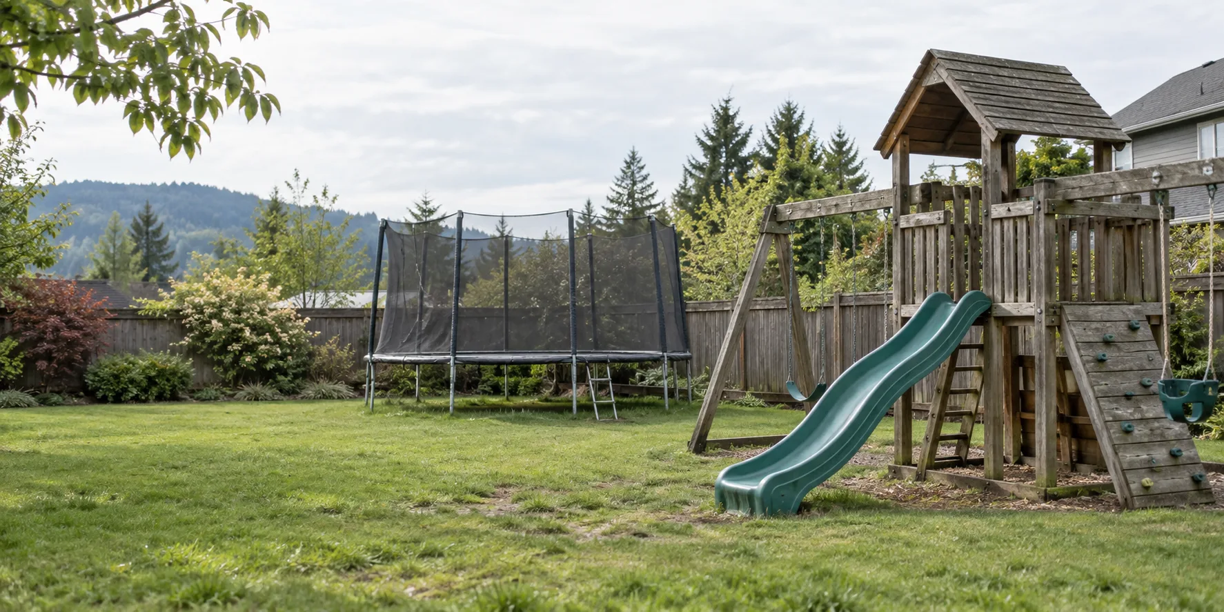 Wooden backyard playset and trampoline in a landscaped yard